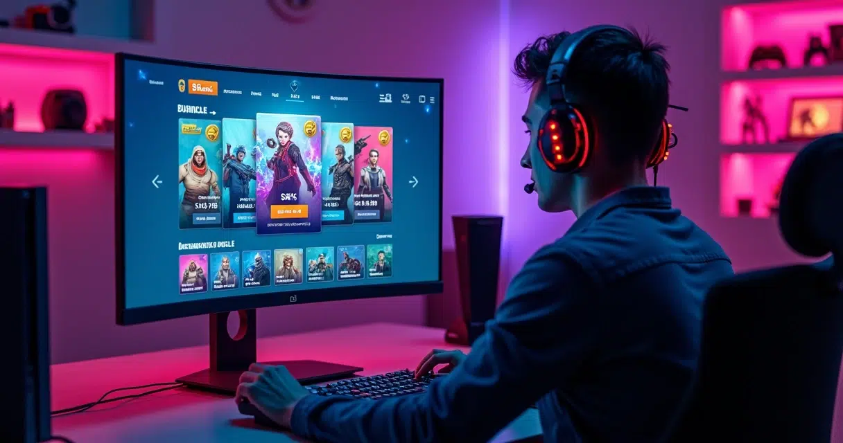 Jogador escolhendo bundle de skins em loja digital de jogos no computador