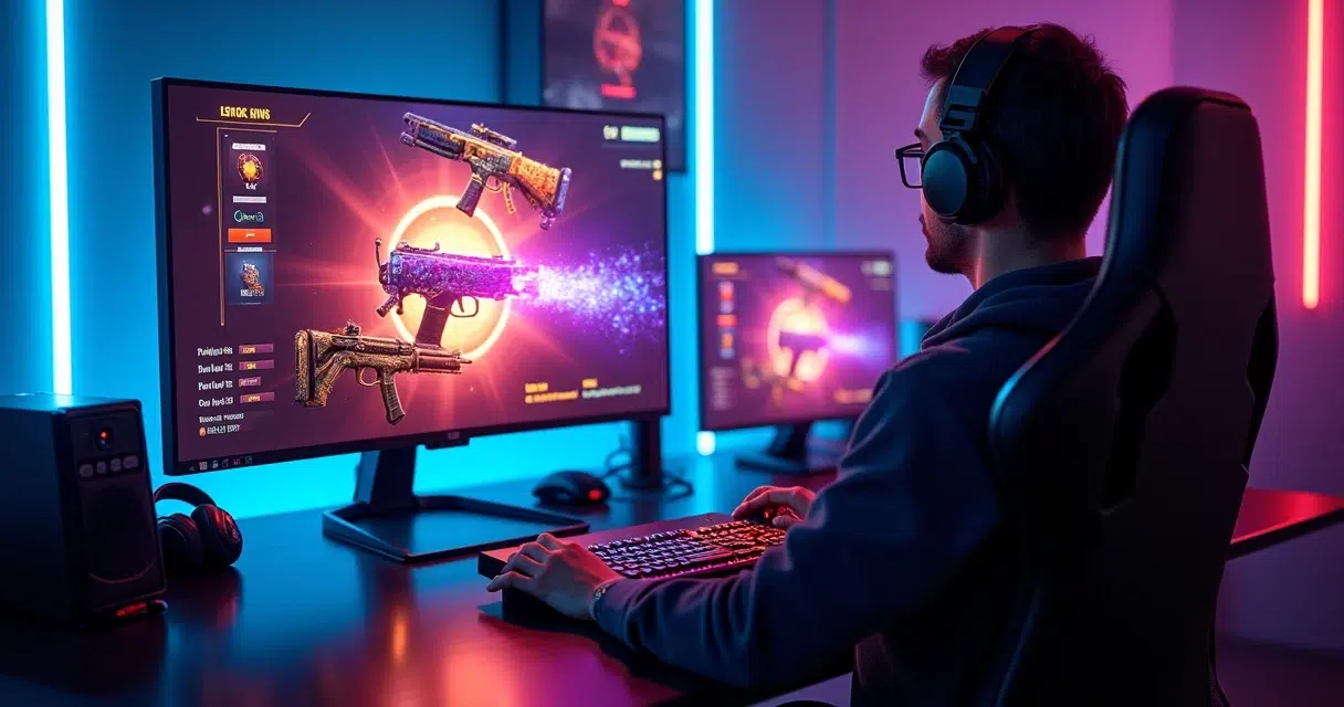 Jogador abrindo caixa de skins digitais em jogo de tiro no computador
