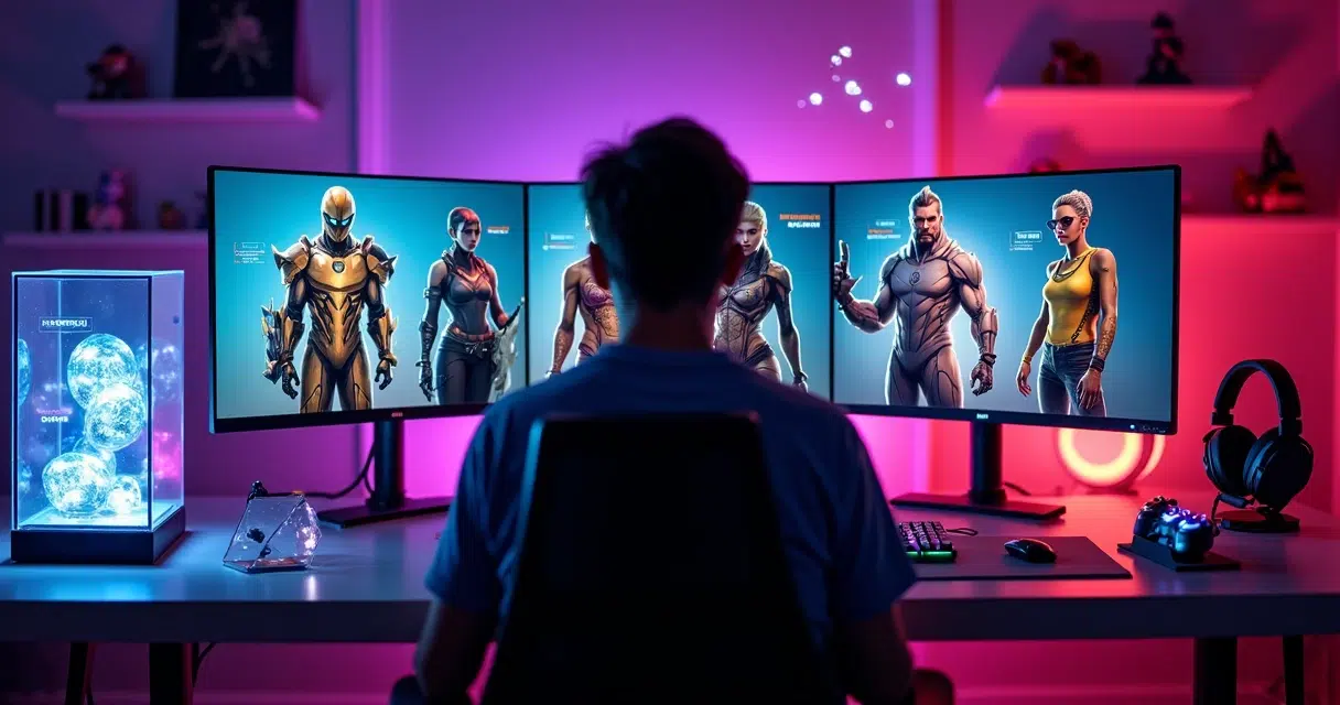 Colecionador gamer exibindo skins digitais raras em múltiplas telas