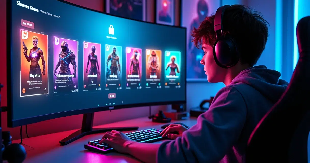 Jogador escolhendo skins coloridas em uma loja digital de jogos