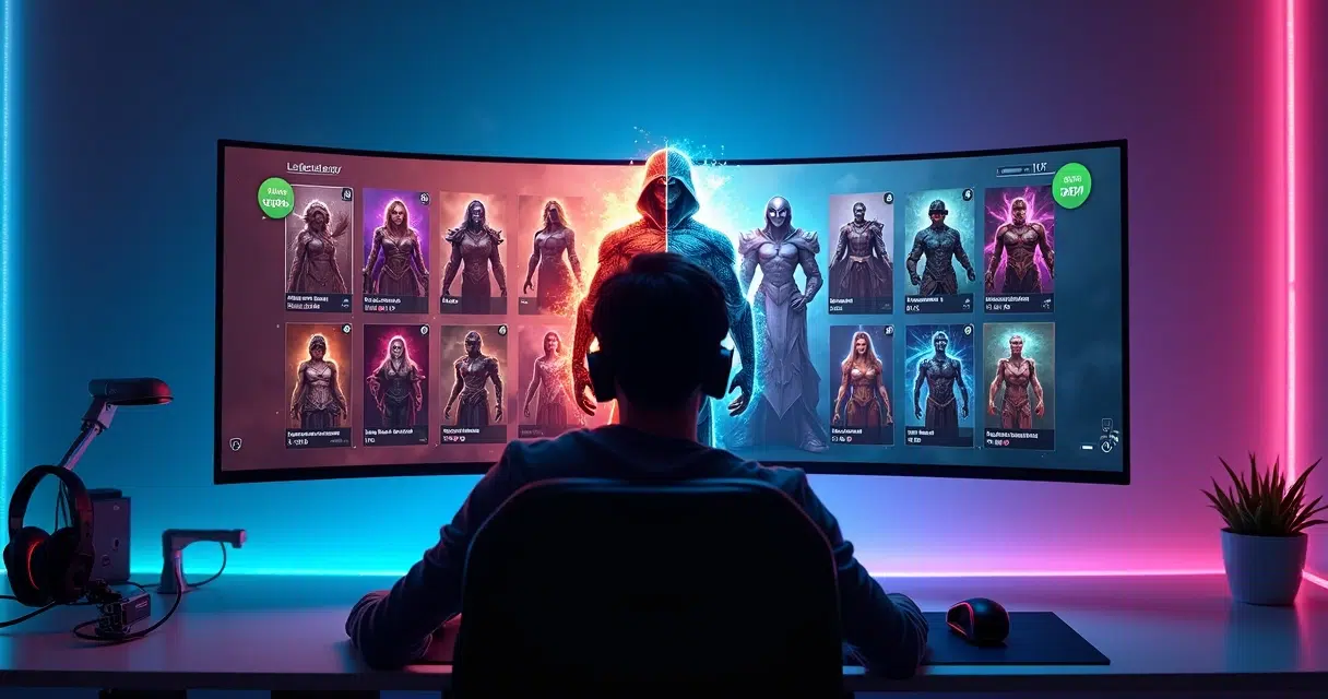 Jogador em frente a várias skins coloridas de personagens de jogos na tela